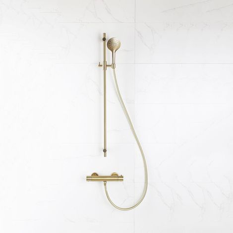FugaFlow Eccelente Sobrado Ensemble de douche barre curseur avec douchette ronde, flexible lisse et robinet de douche Laiton brossé PVD