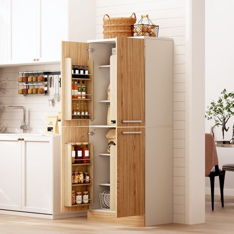 Dispensa da cucina 76x42x180 cm bianco e rovere in MDF con 4 ante e ripiani regolabili (1/5)