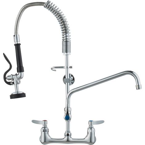 Robinet de Cuisine Commercial avec Pulvérisateur de Pré-rinçage, Mitigeur avec Douchette Extractible, 630 mm de Haut, Entraxe 203 mm, Bec Pivotant 305 mm, Mural pour Évier 1/2/3 Compartiments (1/5)
