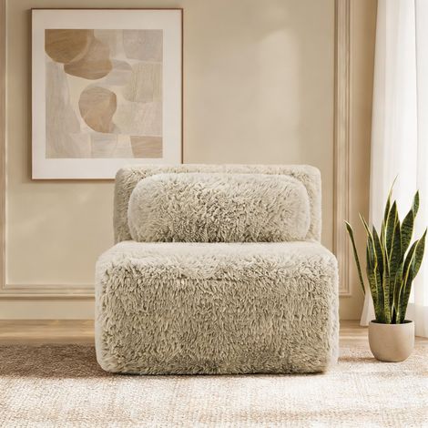 Canapé fixe modulable en tissu peluche beige clair 220 cm (1/5)