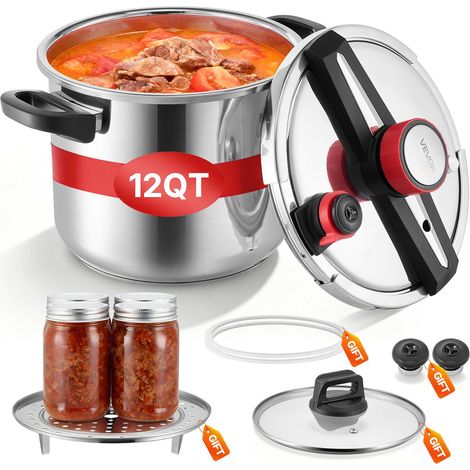 Autocuiseur 11 L, Casserole Pression en Acier Inox avec Panier Cuisson et Couvercle en Verre Trempé, pour Viande Riz Soupes Sauces, 3 Niveaux de Pression jusqu'à 100 kPa, Compatible Tous Feux (1/5)