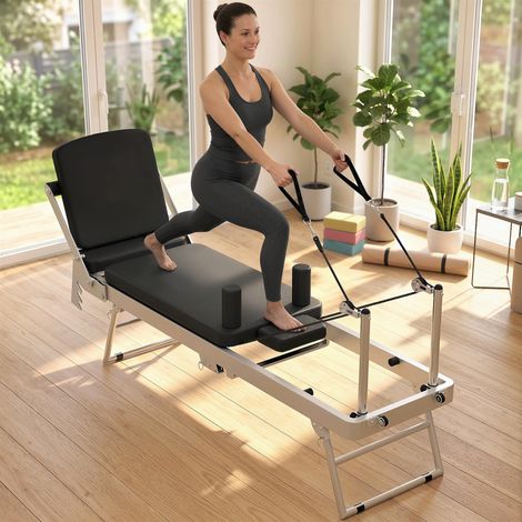 Machine Reformer Pilates Pliable Système Hybride 4 Ressorts & 5 Cordes Silencieux Acier 195 x 56 x 88 cm Blanc