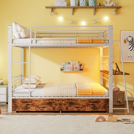 Cama alta de hierro de 140x200 cm con estructura metálica, escritorio y 2 cajones, tira de LED sincronizada con la música, enchufe, barandilla y escalera, capacidad de carga de 250 kg, color blanco. (1/5)