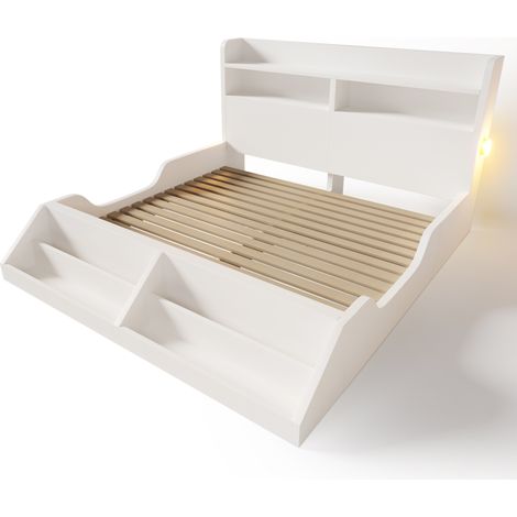 Cama 140x200 cm de madera blanca con estantes, luces de noche y somier de lamas MODENUIT (1/5)