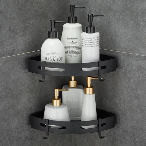 Receveur de douche mural d'angle en acier inoxydable, adhésif sans perçage, avec 2 crochets, résistant à la rouille, pour accessoires de salle de bain, lot de 2 (1/2)
