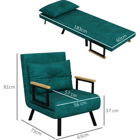 3-in-1-Klappsofa mit Schlaffunktion, ausziehbarer Sessel mit 5-fach verstellbarer Rückenlehne und Kissen, 63 x 73 x 81 cm, Grün