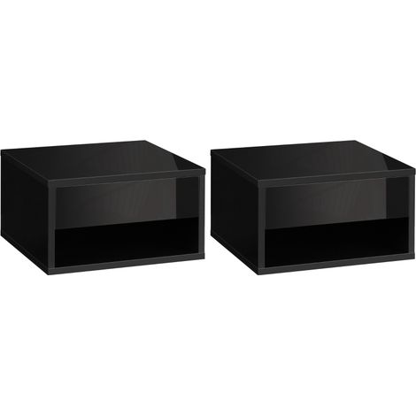 2 Pieces Bedside Table Wall Mounted Nightstand with Drawer and Shelf for Bedroom, 37 x 32 x 21cm, High Gloss Black
