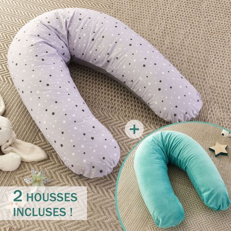 Babysom - Pack Coussin de Maternité XXL - 2 Housses incluses : Étoile Gris & Minky Menthe - Grossesse et Allaitement