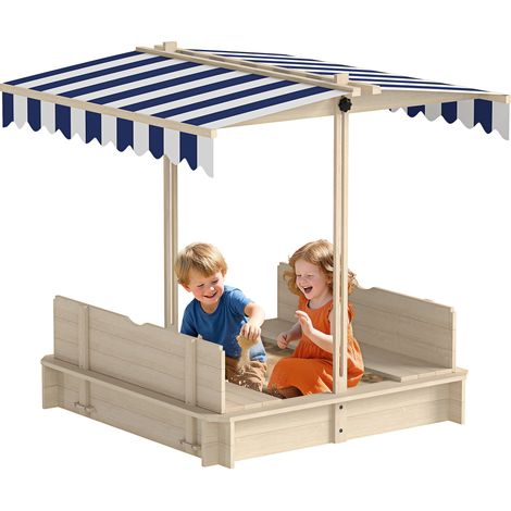 Sabbiera quadrata per bambini 106 x 106 x 115 cm panche trasformabili tetto regolabile scandinavo essenziale giardino in legno naturale 210000344