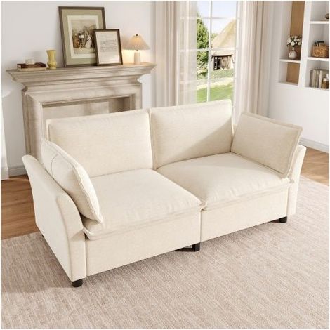 Petit Canapé 150x80x80cm Tissu Texturé Beige - Canapé 2 Places - Confort Effet Nuage, 2 Coussins Inclus, Assise Ultra Épaisse, Salon (1/5)