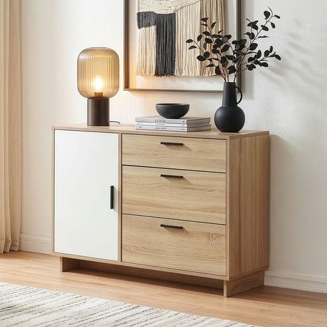 Cómoda Kenta 3 cajones y 2 puertas 100x35x72cm - Roble Sonoma/Blanco [en.casa] (1/5)