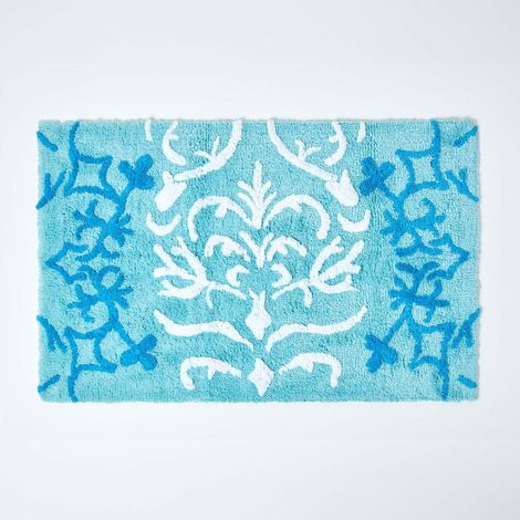 HOMESCAPES Blue Damask Cotton Bath Mat - Blue - Blue (1/3)