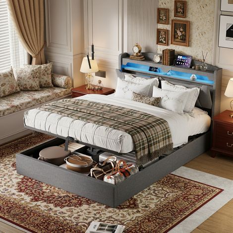 Betten mit Stauraum 140x200 cm - Doppelbett, Lattenrost, mit integrierter LED-Beleuchtung und USB/C-Anschluss - gepolstertes Kopfteil mit Stauraum, Leinenstoff - Grau