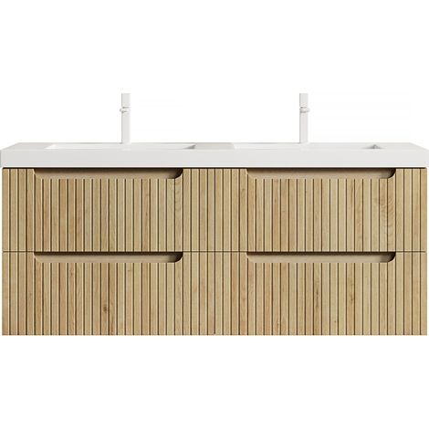 GagaMeuble vasque suspendu 120 cm chêne blanc, 2 vasques, 4 tiroirs (1/5)