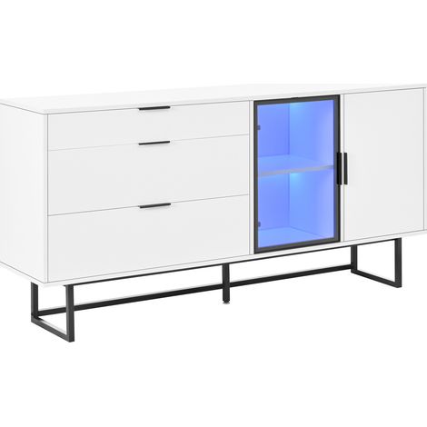 Sideboard blanc moderne avec vitrine en verre et LED, 3 tiroirs, 160x36x78 cm (1/5)
