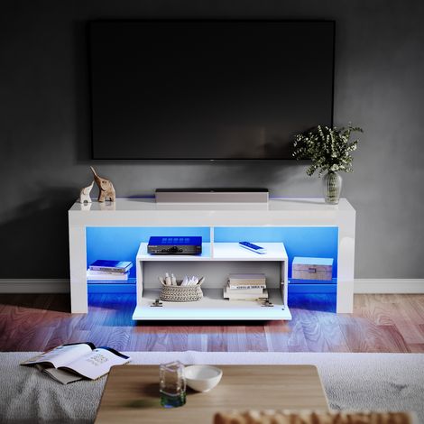 ELEGANT High Gloss LED TV Stand Ambient Light TV Cabinet with Glass Partition Large Storage Living Room Bedroom Furniture, White 1400mm (1/5)