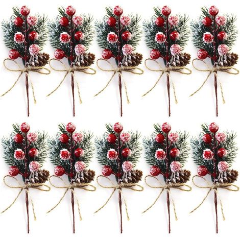 Juego de 10 tallos de bayas navideñas rojas, 15 cm - Pequeños adornos navideños artificiales con piñas, acebo, bayas navideñas y decoraciones florales para coronas navideñas. (1/5)