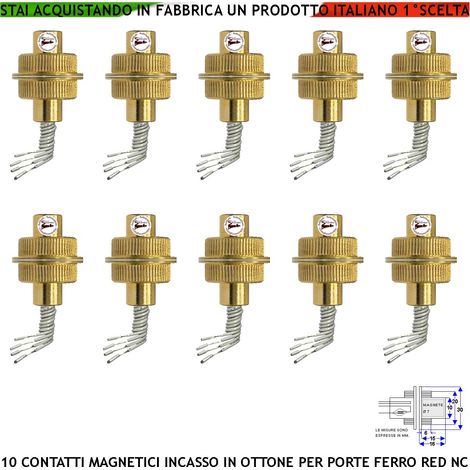 Rilevatore Apertura Porta o Cancello Ferro in Ottone Cilindrico Blindato da Incasso 10 Pezzi Sensore Magnetico Allarme Contatto Reed Campo 20 mm 4 Fili 2 NA 2 Tamper Max 30V 10W Fissaggio Incasso IP65