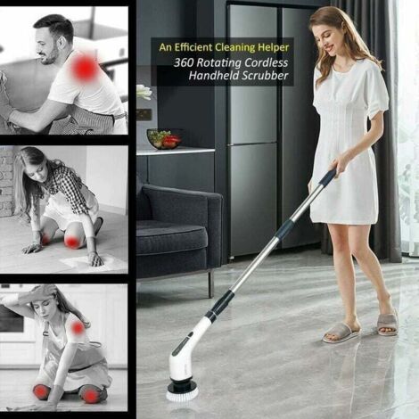 Brosse de Nettoyage lectrique sans Fil, Brosse de Nettoyage sans Fil avec 9 ttes de Brosse remplaables, vadrouille lectrique avec poigne rglable pour Salle de Bain, Cuisine, Voiture (Blanc)