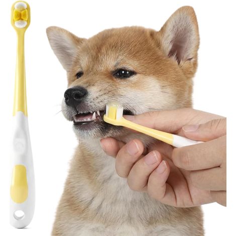 Brosse à dents pour petits chiens - Brosse à dents douce pour chien et chat - Mini brosse à dents réutilisable pour chiots - Jaune - Nettoyage en profondeur (1/5)