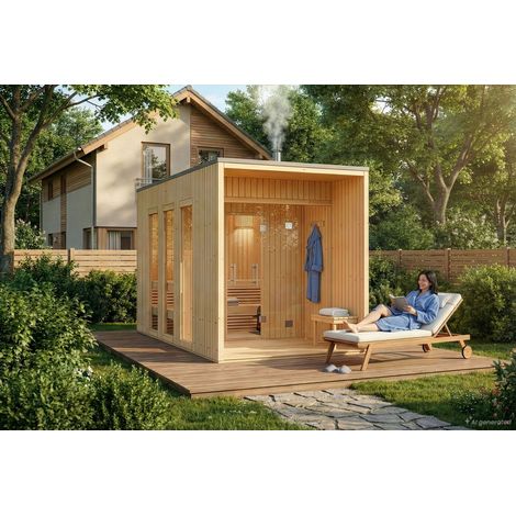 FinnTherm Saunahaus Tim Gartensauna 3 Sitzbänke aus Holz, Sauna mit 72 mm Wandstärke, Außensauna mit Montagematerial (1/5)