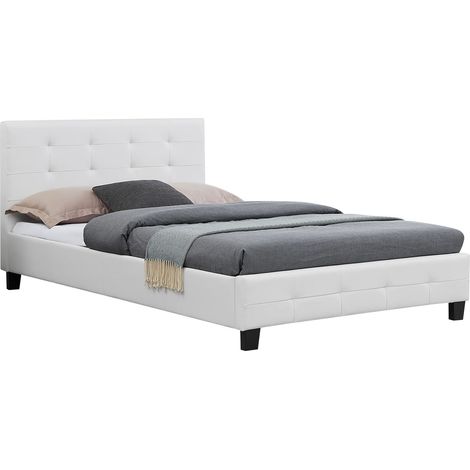 Idimex – Lit simple 120x190 cm – Structure capitonnée blanche – Sommier à lattes inclus – Hauteur 31 cm – Design contemporain (1/4)