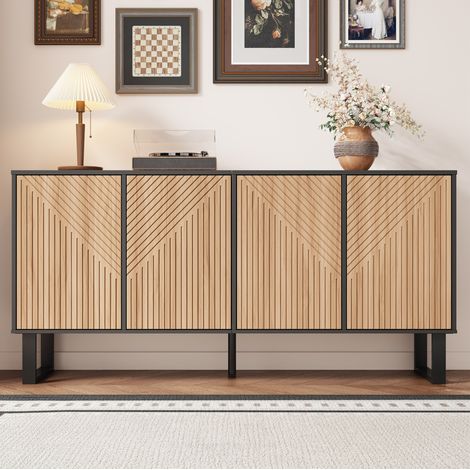 Mueble TV 160x38x75 cm negro y natural en MDF y tablero de partículas con gran almacenaje (1/5)