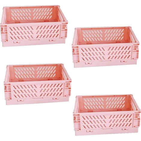 4 Cagettes Pliables,Panier Rangement Plastique ABS Avec Poignée,Empilable Pour Cuisine Bureau Chambre,Rose (1/5)