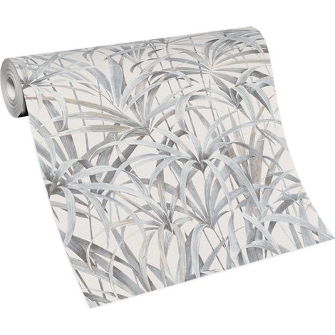 Papier peint intissé beige et gris tendance | Tapisserie à motif tropical pour salle de bain | Papier peint jungle à motif palmier (1/3)