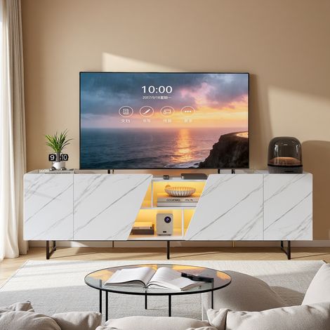 Meuble TV 220x34.5x67.7cm, Table Télé Banc avec éclairage LED, Consoles TV avec Étagère Ouverte et 4 Portes de Rangement, Imitat Marmor Design, Blanc (1/5)