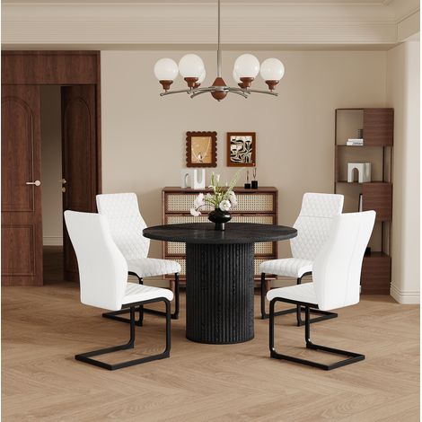 Conjunto de comedor MDF y metal negro/blanco 4 plazas, mesa redonda 100 cm con 4 sillas acolchadas (1/5)