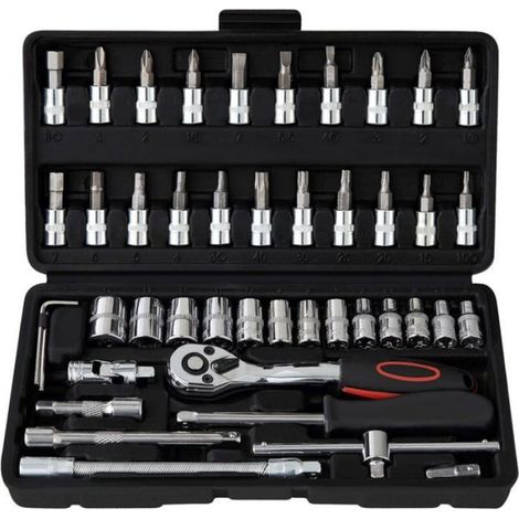 46 pcs Cr-V Kit de Cle plate a cliquet et Clé à douille,Clé à Cliquet 1/4" 72 dents,Clé plate à cliquet avec Boite a outils Odipie (1/4)