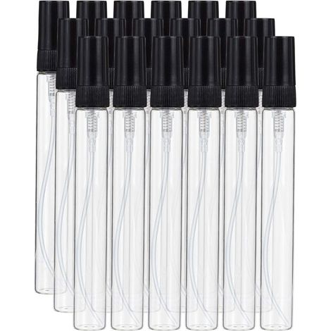 Packung mit 15 Mini-Fläschchen à 10 ml mit feinem Sprühnebel, Klarglas mit schwarzem Verschluss für Parfüm und Toilettenartikel. (1/4)