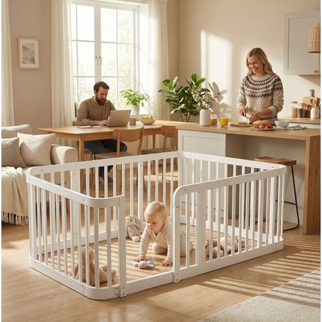 Parque infantil modular 140x200 cm blanco en tablero de madera con bordes redondeados (1/5)
