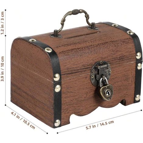 Tirelire en bois, coffre au trésor vintage avec serrure et clés, petite boîte décorative pour économiser de l'argent, décoration d'intérieur rétro, cadeaux de fête pour enfants et adultes (marron)