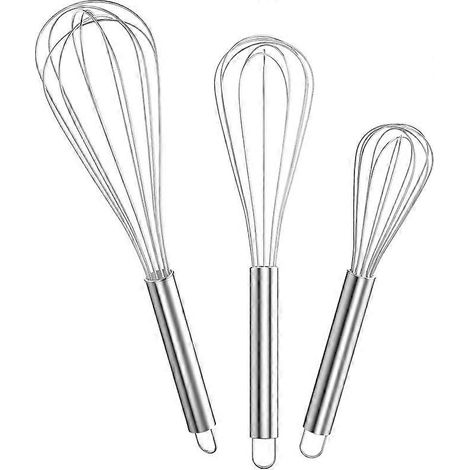Batteur de cuisine professionnel en acier inoxydable, lot de 3 batteurs à œufs manuels, pour pétrir la pâte et les œufs, finition argentée brillante (1/5)