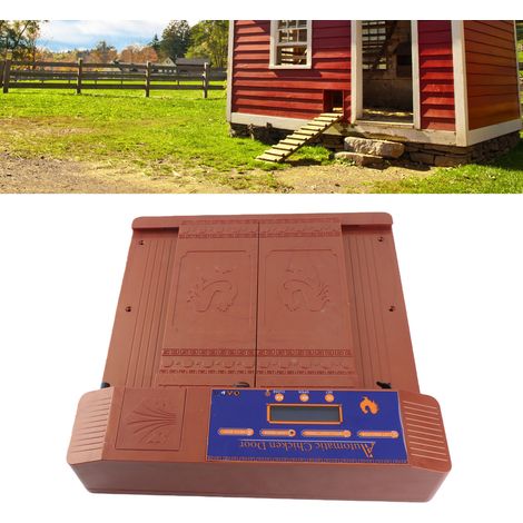 Puerta de cría doble automática con protección antipinzamiento por infrarrojos y aviso de batería baja para pollos, patos y gansos (bronce). (1/5)