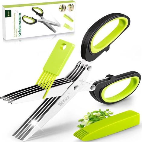 Ciseaux de Cuisine à 5 Lames en Acier Inoxydable, Ciseaux à épices ciboulette avec couvercle de sécurité et peigne de nettoyage (1/4)