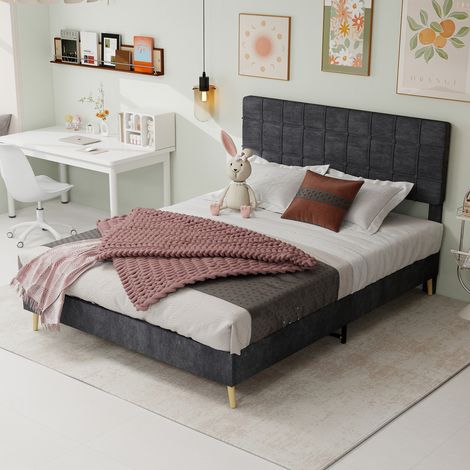 Lit en tissu moderne gris foncé avec tête de lit capitonnée à carreaux style luxe léger, pour petite chambre principale ou seconde chambre, lit double, taille du matelas: 160 cm × 200 cm, gris (1/5)