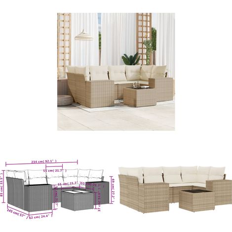 7-tlg. Garten-Sofagarnitur mit Kissen Beige Poly Rattan - Gartenmöbel Set - PE-Rattan Möbel - Outdoor Lounge - Esstisch - Sofasatz - Home & Living (1/3)