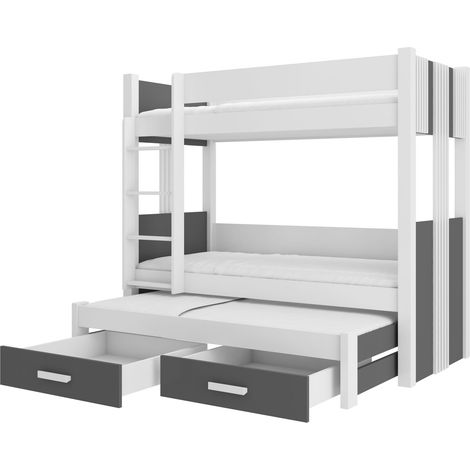 Lit superposé 3 places 90x200 ARKO - 2 tiroirs de rangement et 3 sommiers-Gris anthracite (1/5)