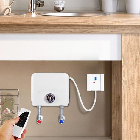 Elektrisch Instant Durchlauferhitzer, Küche Klein Warmwasserbereiter Mini Durchlauferhitzer mit Led-Anzeige und Halterung für Die Fernbedienung 220V 6500W Temperaturbereich 3055℃
