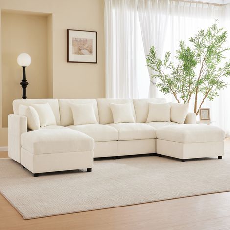 Divano angolare modulare U/L in ciniglia, 2 poggiapiedi, braccioli regolabili, design a nuvola, 4 cuscini + 2 poggiatesta - beige