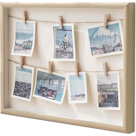 Pele Mele Photo Mural, Accroche Photo, Porte Photo Pince, Tableau Photo, 2 Suspension Cordes Et 7 Pinces, 3D Devant Cadre Images Collage Accrocher des Cartes,Bois, 42x32cm (1/5)