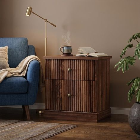 Table de Chevet Cannelée avec 2 Tiroirs et Base Renforcée, Style Moderne, Marron foncé (1/5)