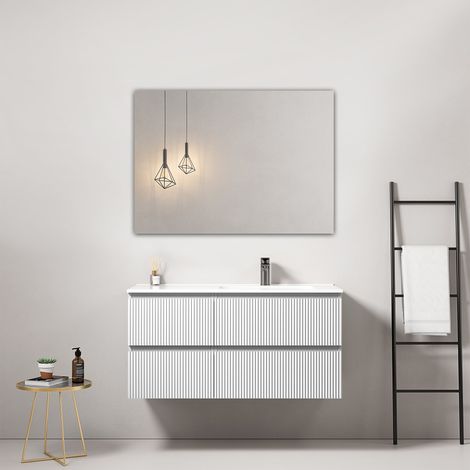 Mobile bagno sospeso cannettato 100 cm Bianco Lavabo a Destra in Ceramica Specchio Quadro - Fiji Paint