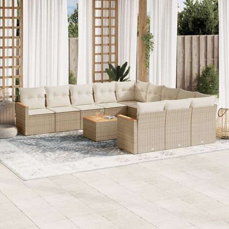 Ensemble de jardin 12 places en résine tressée beige avec canapés d'angle, table en acacia et coussins lavables (modulaire, rangement intégré, résistant aux UV) (1/3)