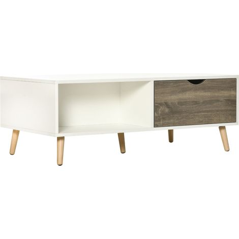 Coffee Table, Modern Tea Table with Open Storage Shelves, Two Drawers and Solid Wood Legs, Coffee Tables for Living Room, Bed Room, White