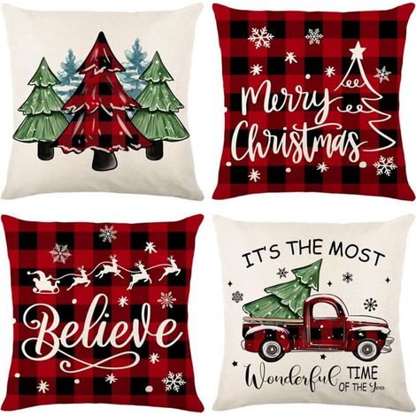 Juego de 4 fundas de cojín navideñas, fundas de almohada navideñas a cuadros rojos y negros de 45 x 45 cm, decoración navideña para sofá y dormitorio. (1/5)