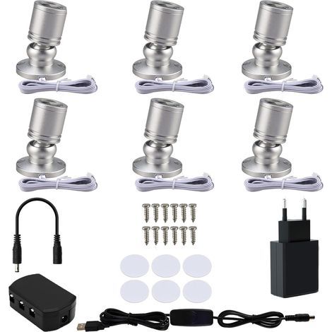 Set of 6 360° Rotating LED Spotlights, Surface Mounted, 1W 3000K, For Cabinets, Hallways (1/5)